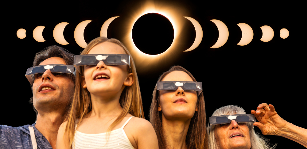 People looking at solar eclipse with eclipse glasses